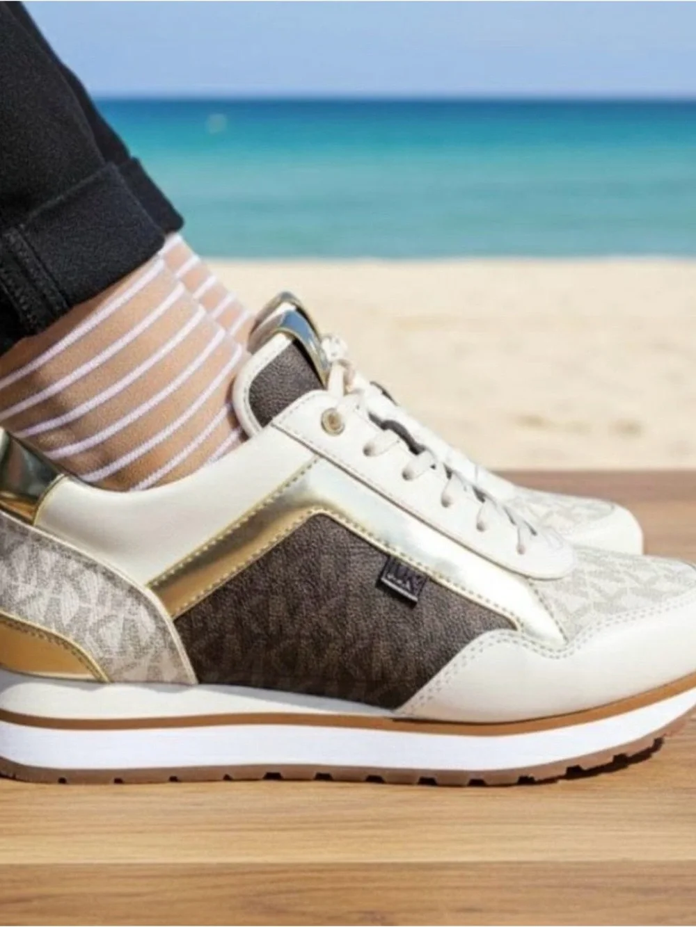 Michael Kors Cream, Brown and Gold Logo Platform Sneaker